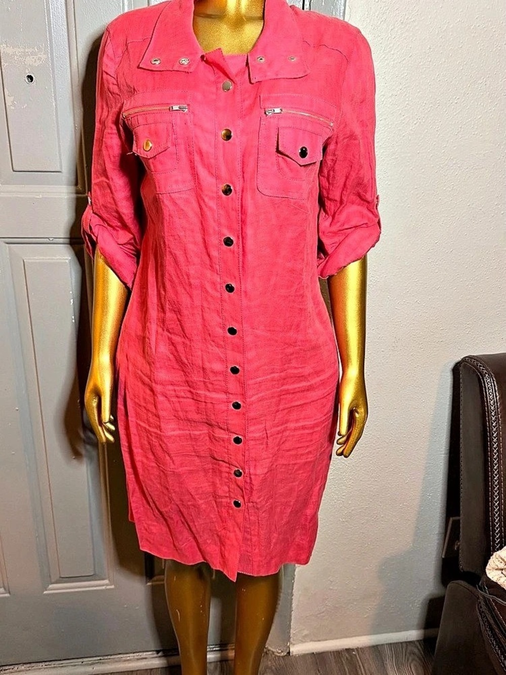 Eccoci Linen Button Front Midi Dress Pink Size 8